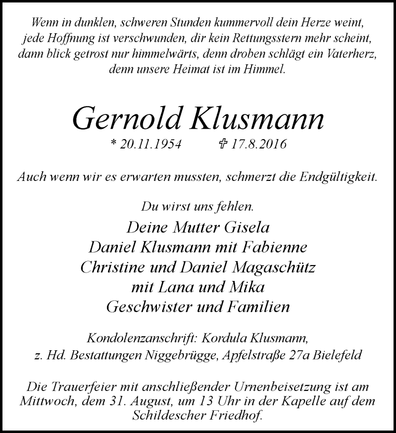  Traueranzeige für Gernold Klusmann vom 27.08.2016 aus Neue Westfälische