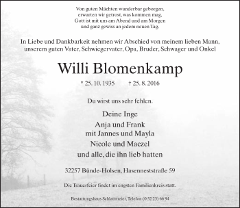 Traueranzeige von Willi Blomenkamp von Neue Westfälische