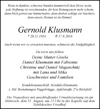 Traueranzeige von Gernold Klusmann von Neue Westfälische
