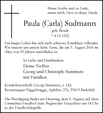 Traueranzeige von Paula Sudmann von Neue Westfälische