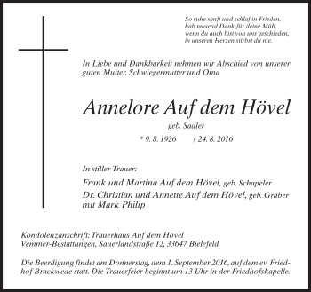 Traueranzeige von Annelore Auf dem Hövel von Neue Westfälische