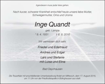 Traueranzeige von Inge Quandt von Neue Westfälische
