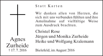 Traueranzeige von Agnes Zurheide von Neue Westfälische