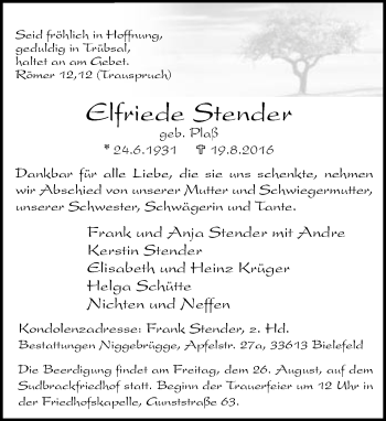 Traueranzeige von Elfriede Stender von Neue Westfälische
