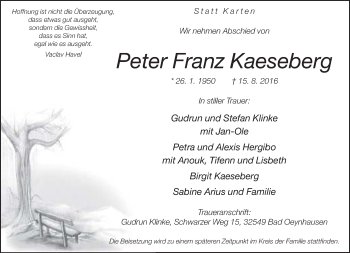 Traueranzeige von Peter Franz Kaeseberg von Neue Westfälische