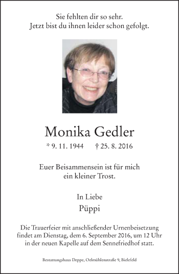 Traueranzeige von Monika Gedler von Neue Westfälische