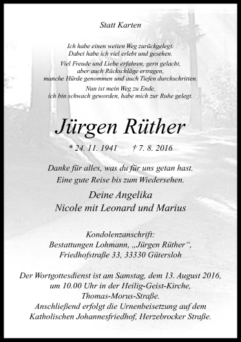 Traueranzeige von Jürgen Rüther von Neue Westfälische