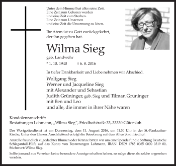 Traueranzeige von Wilma Sieg von Neue Westfälische