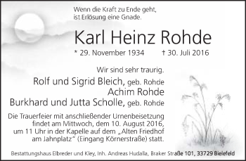 Traueranzeige von Karl Heinz Rohde von Neue Westfälische