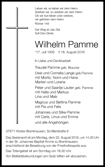 Traueranzeige von Wilhelm Pamme von Neue Westfälische