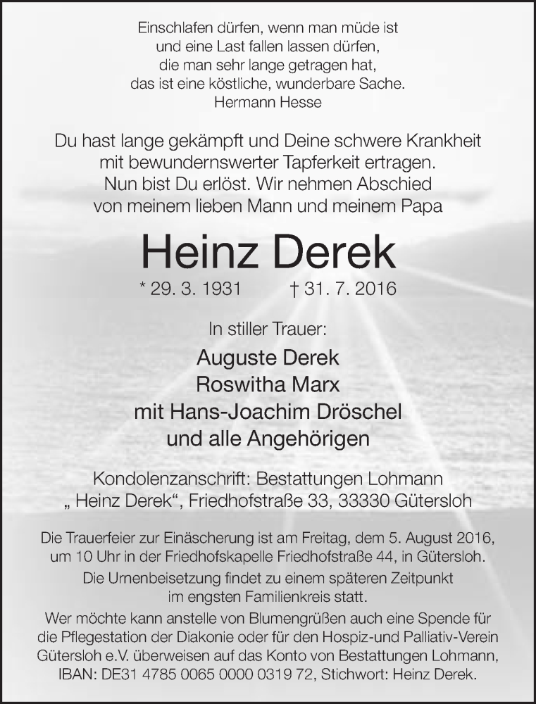  Traueranzeige für Heinz Derek vom 03.08.2016 aus Neue Westfälische