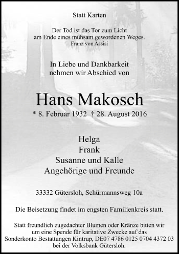 Traueranzeige von Hans Makosch von Neue Westfälische