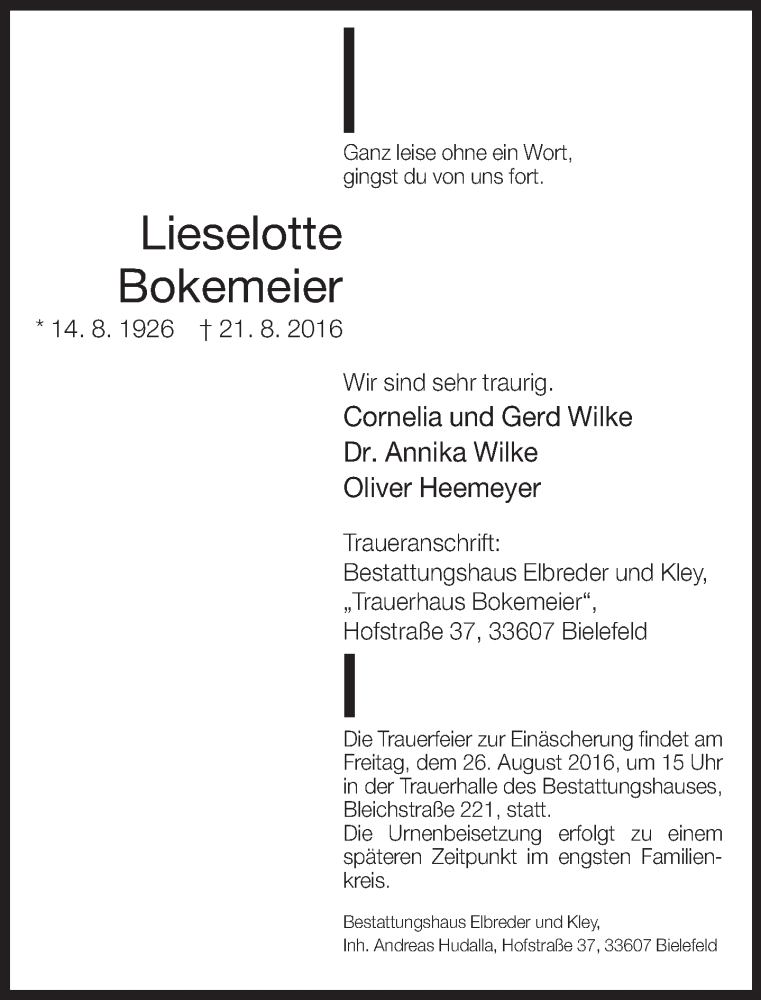  Traueranzeige für Lieselotte Bokemeier vom 24.08.2016 aus Neue Westfälische