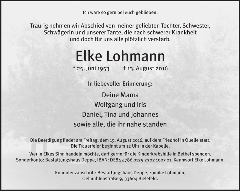 Traueranzeige für Elke Lohmann vom 16.08.2016 aus Neue Westfälische