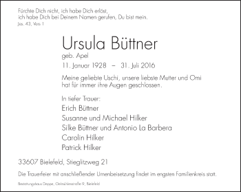 Traueranzeige von Ursula Büttner von Neue Westfälische