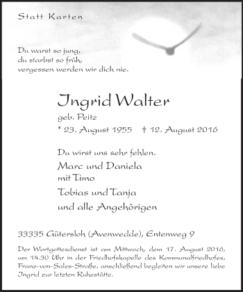 Traueranzeige von Ingrid Walter von Neue Westfälische