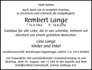 Traueranzeige von Rembert Lange von Neue Westfälische