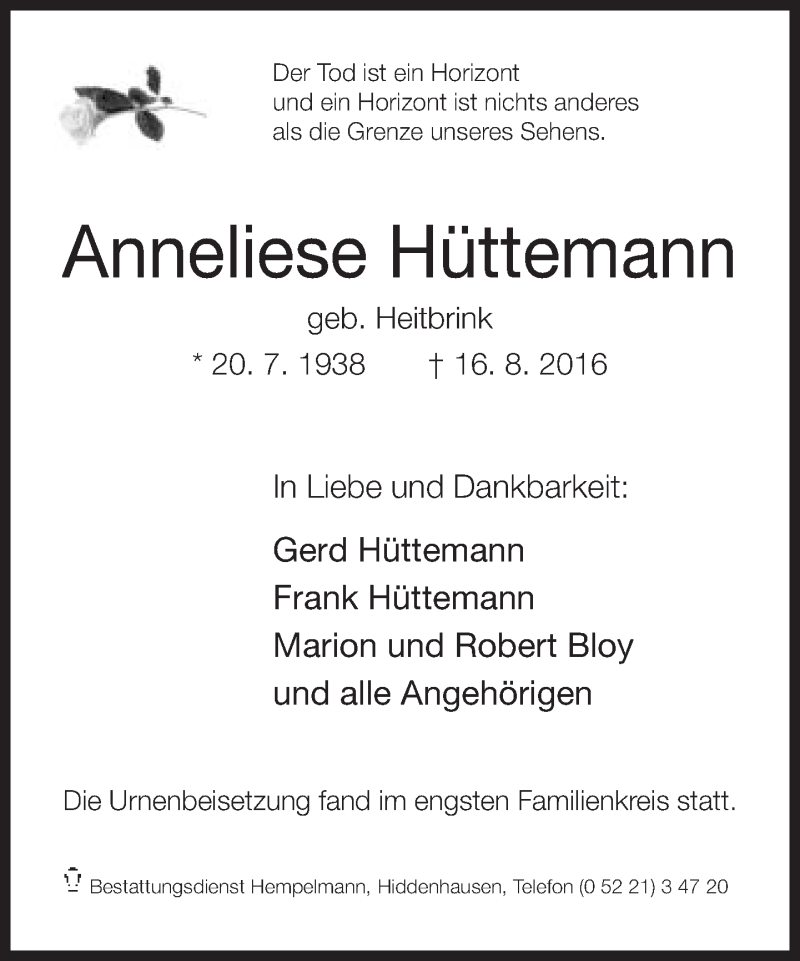  Traueranzeige für Anneliese Hüttemann vom 27.08.2016 aus Neue Westfälische
