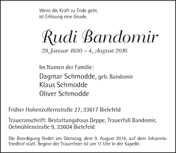 Traueranzeige von Rudi Bandomir von Neue Westfälische