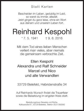 Traueranzeige von Reinhard Kespohl von Neue Westfälische