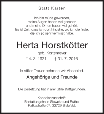 Traueranzeige von Herta Horstkötter von Neue Westfälische