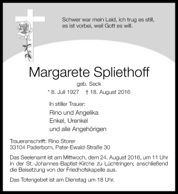 Traueranzeige von Margarete Spliethoff von Neue Westfälische
