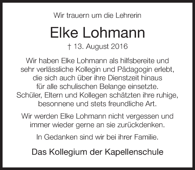  Traueranzeige für Elke Lohmann vom 16.08.2016 aus Neue Westfälische