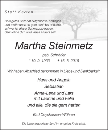 Traueranzeige von Martha Steinmetz von Neue Westfälische