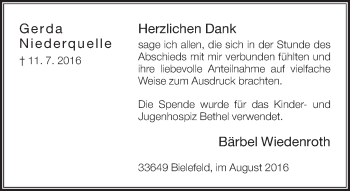 Traueranzeige von Gerda Niederquelle von Neue Westfälische