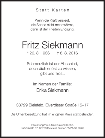 Traueranzeige von Fritz Siekmann von Neue Westfälische