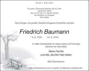 Traueranzeige von Friedrich Baumann von Neue Westfälische