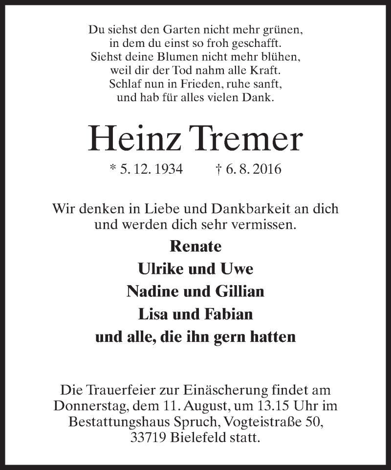  Traueranzeige für Heinz Tremer vom 09.08.2016 aus Neue Westfälische