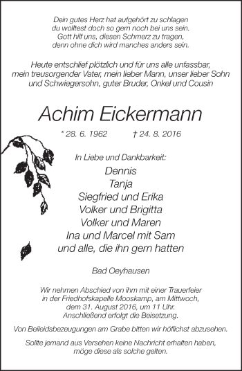 Traueranzeige von Achim Eickermann von Neue Westfälische