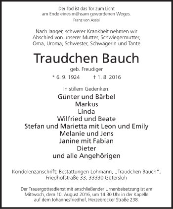 Traueranzeige von Traudchen Bauch von Neue Westfälische