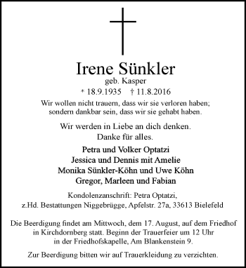 Traueranzeige von Irene Sünkler von Neue Westfälische