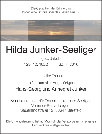 Traueranzeige von Hilda Junker-Seetiger von Neue Westfälische