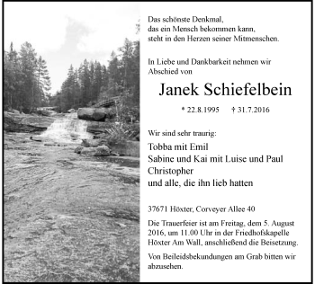 Traueranzeige von Janek Schiefelbein von Neue Westfälische