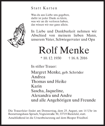 Traueranzeige von Rolf Menke von Neue Westfälische