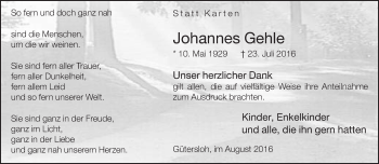 Traueranzeige von Johannes Gehle von Neue Westfälische