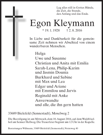 Traueranzeige von Egon Kleymann von Neue Westfälische