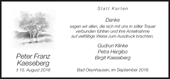 Traueranzeige von Peter Franz Kaeseberg von Neue Westfälische