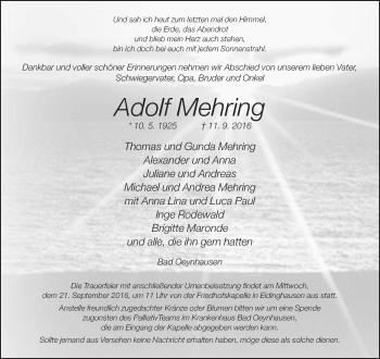 Traueranzeige von Adolf Mehring von Neue Westfälische