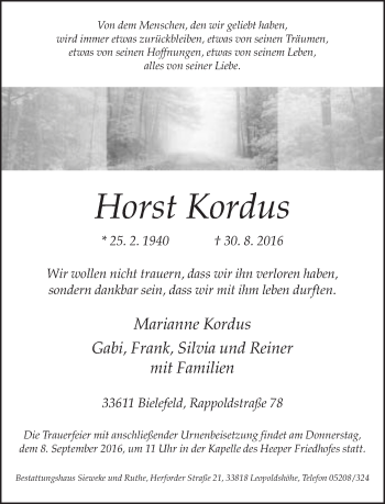 Traueranzeige von Horst Kordus von Neue Westfälische