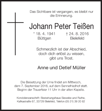 Traueranzeige von Johann Peter Teißen von Neue Westfälische