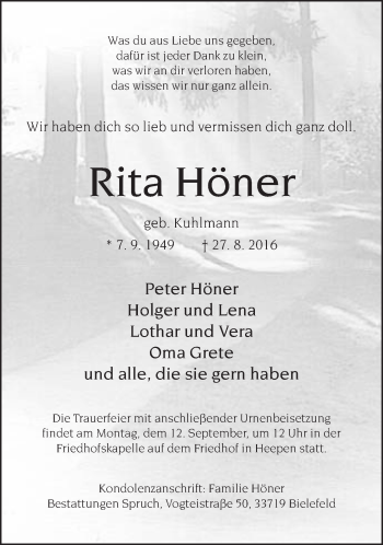 Traueranzeige von Rita Höner von Neue Westfälische