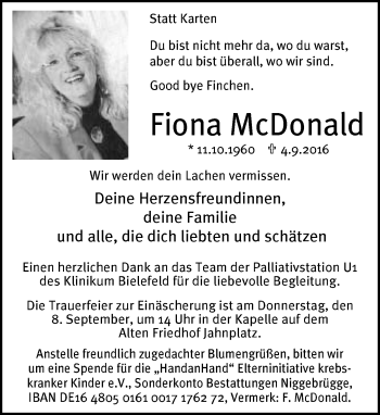 Traueranzeige von Fiona McDonald von Neue Westfälische