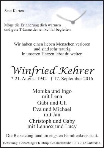 Traueranzeige von Winfried Kehrer von Neue Westfälische