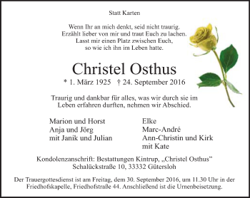 Traueranzeige von Christel Osthus von Neue Westfälische