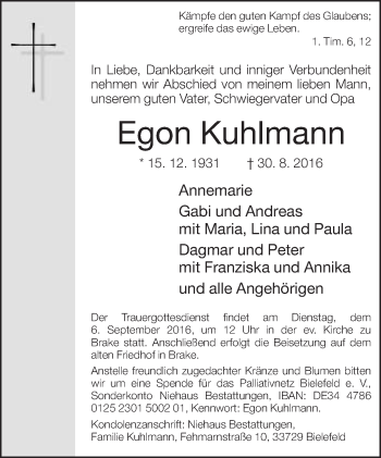 Traueranzeige von Egon Kuhlmann von Neue Westfälische