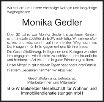 Traueranzeige von Monika Gedler von Neue Westfälische